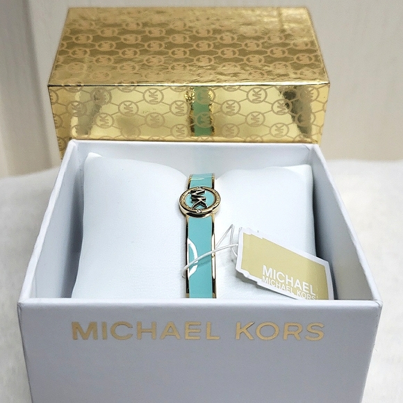 NWT MICHAEL KORS MK LOGO GOLD & TURQUOISE ENAMEL BANGLE BRACELET - Picture 1 of 11